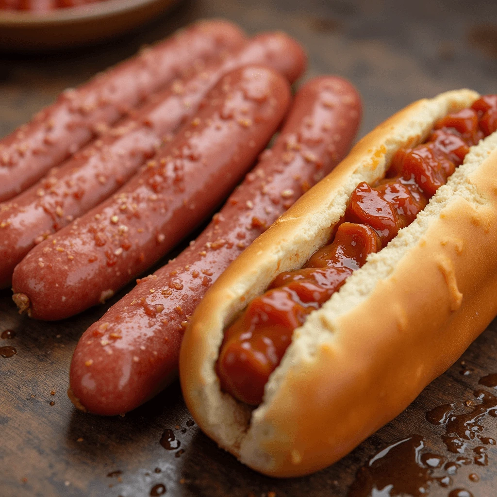 Kielbasa vs Hot Dog comparison: showcasing both sausages on a grill with toppings and condiments.