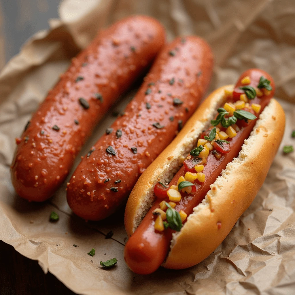 Kielbasa and hot dog side by side on a wooden board with mustard and sauerkraut, showcasing their differences in size, texture, and appearance.