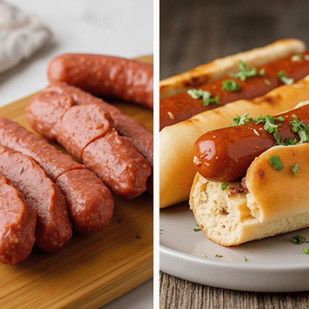 A comparison of kielbasa and hot dogs, showcasing their differences in appearance and texture.