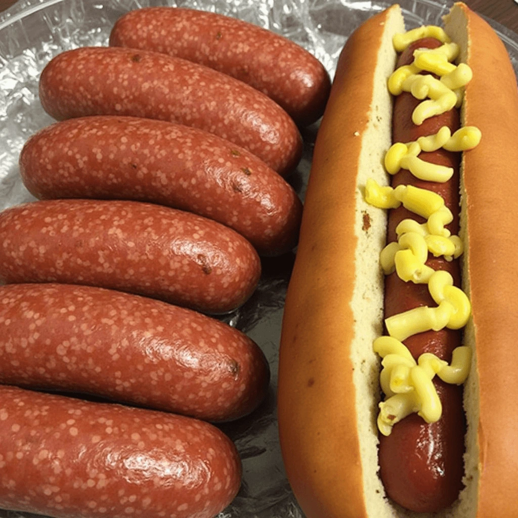 Kielbasa and hot dog side by side on a wooden board with mustard and sauerkraut, showcasing their differences in size, texture, and appearance.