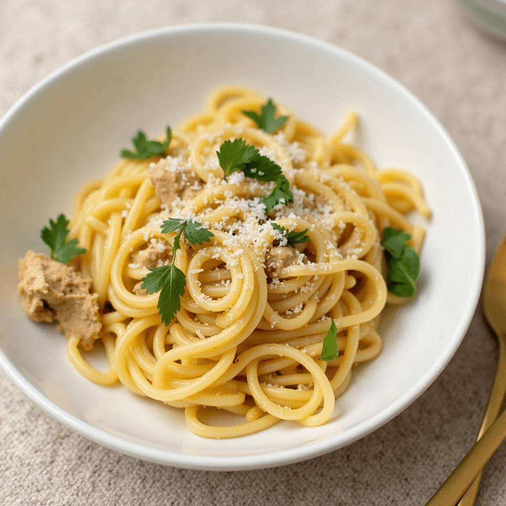 Marry Me Chicken Pasta topped with fresh basil and Parmesan, served in a creamy sun-dried tomato sauce.