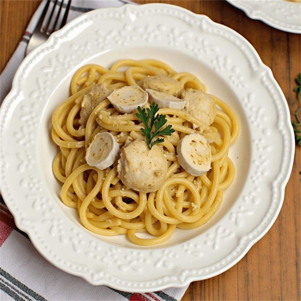 A plate of Marry Me Chicken Pasta featuring creamy sauce, tender chicken, fettuccine pasta, garnished with fresh basil, Parmesan cheese, and sun-dried tomatoes.