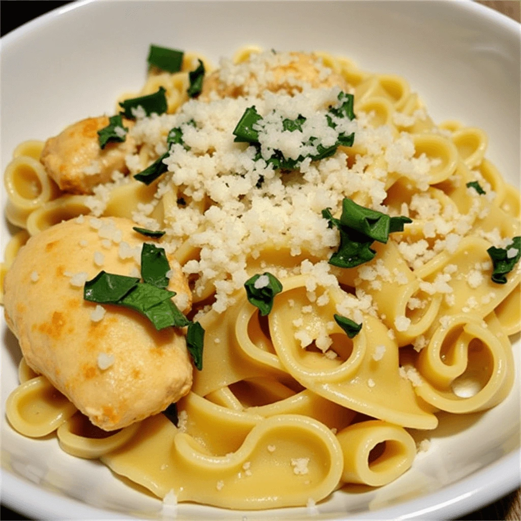 Marry Me Chicken Pasta served in a white bowl with creamy garlic sauce, sun-dried tomatoes, and fresh basil garnish.