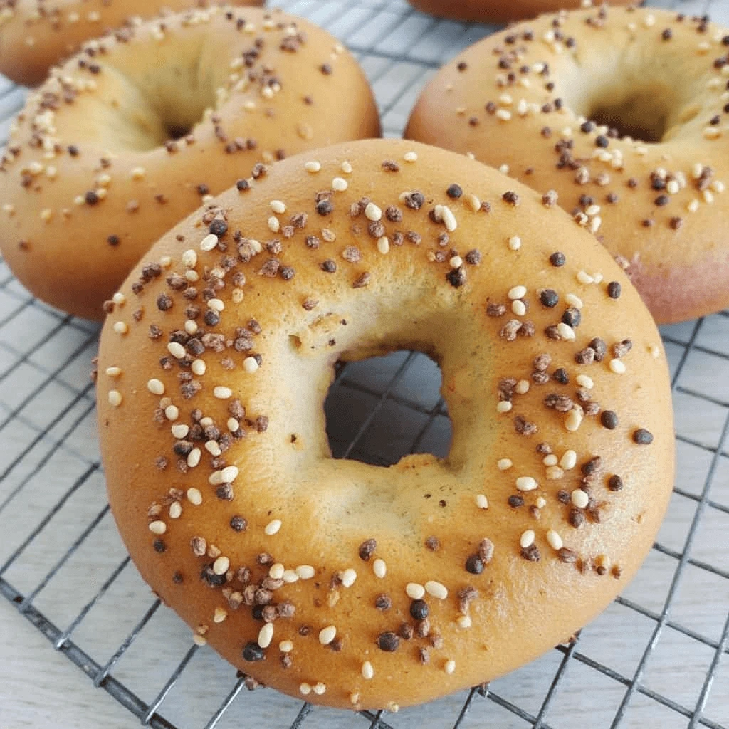 Homemade sourdough bagels with a golden-brown crust, displayed on a cooling rack with a side of cream cheese and fresh herbs.