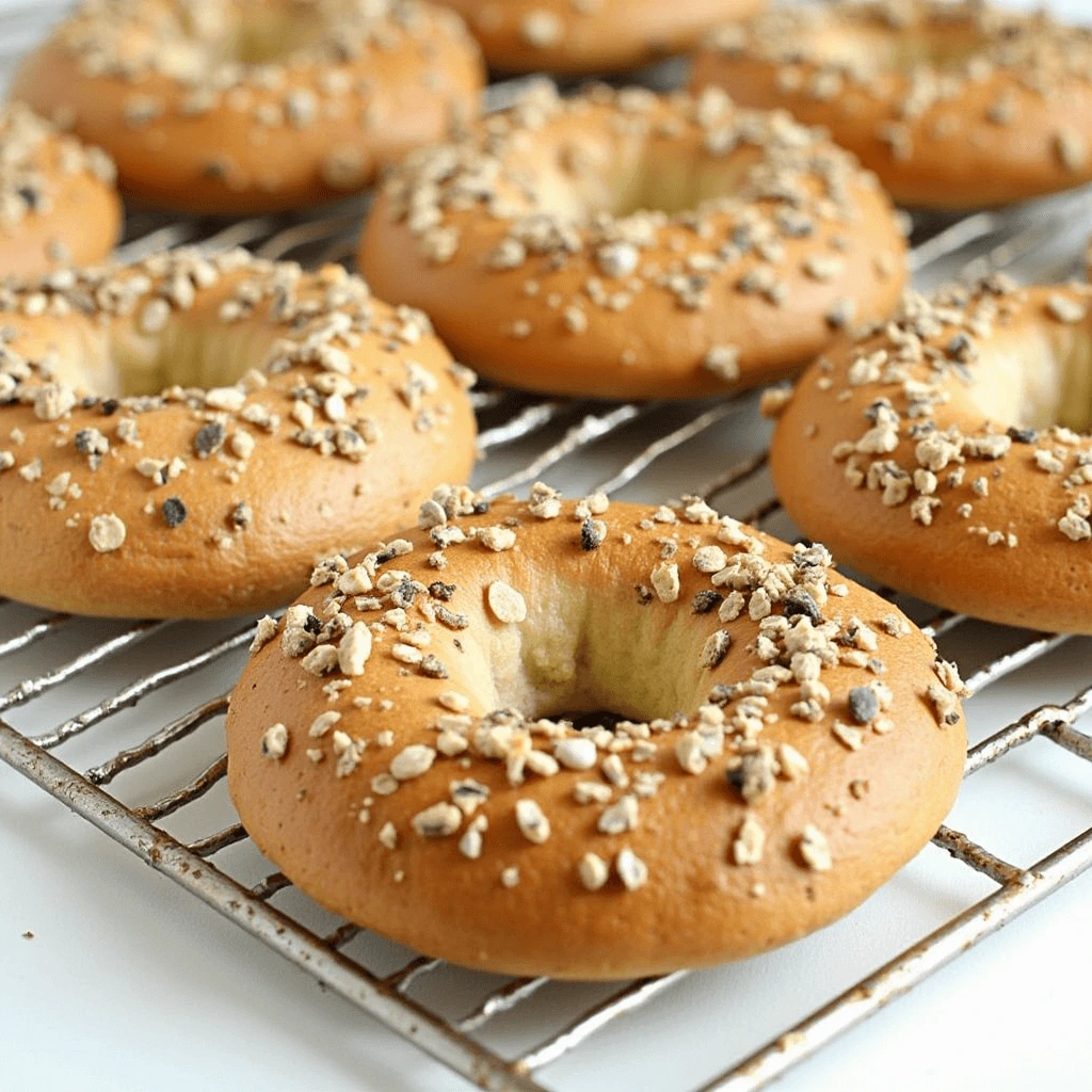 Freshly baked sourdough bagels with a golden, shiny crust on a wooden board.