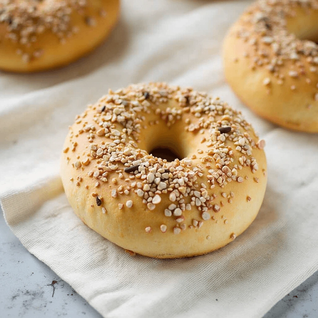 Freshly baked sourdough bagels with a golden-brown crust, sprinkled with sesame seeds, served on a wooden board with cream cheese and a knife on the side.