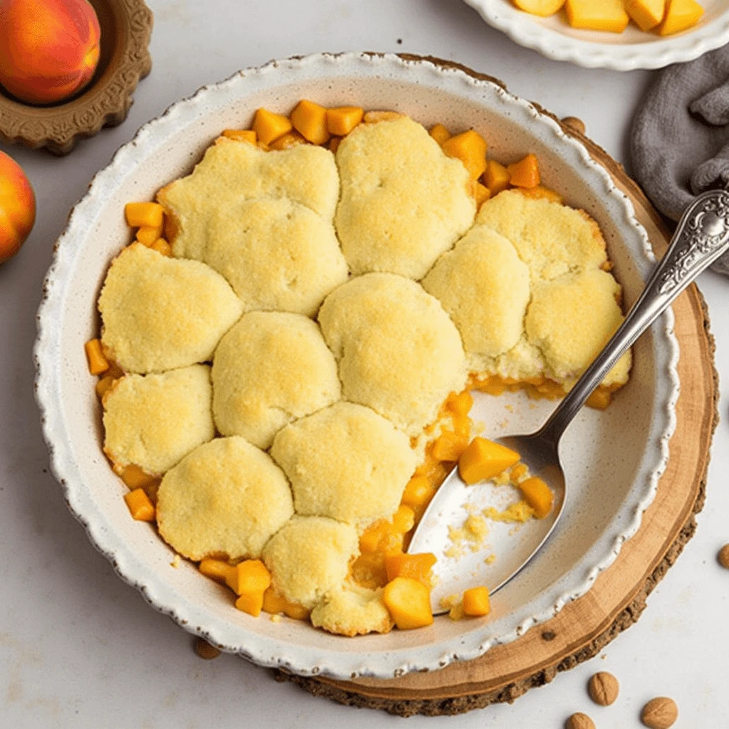 Peach cobbler with cake mix topped with golden brown crust and bubbling peach filling.