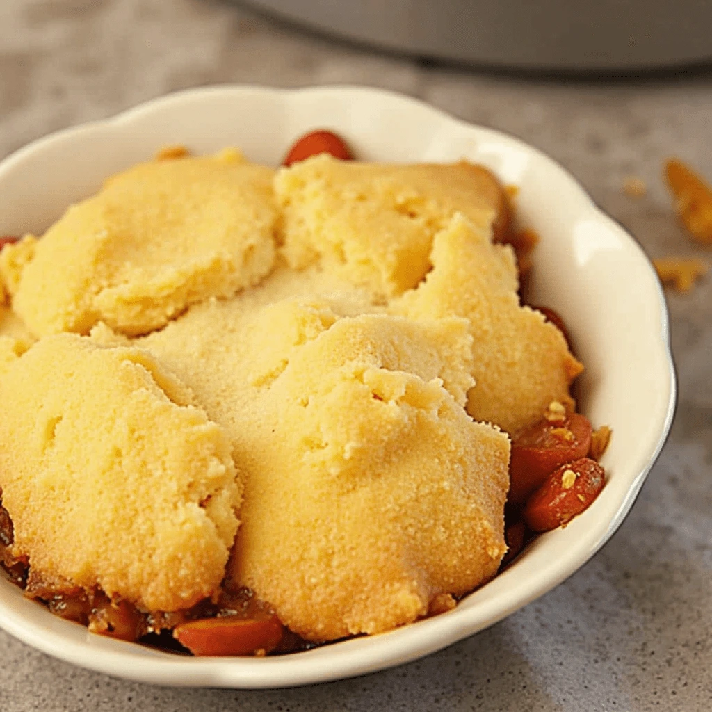 Peach cobbler made with cake mix, topped with golden cake crust and juicy peaches.