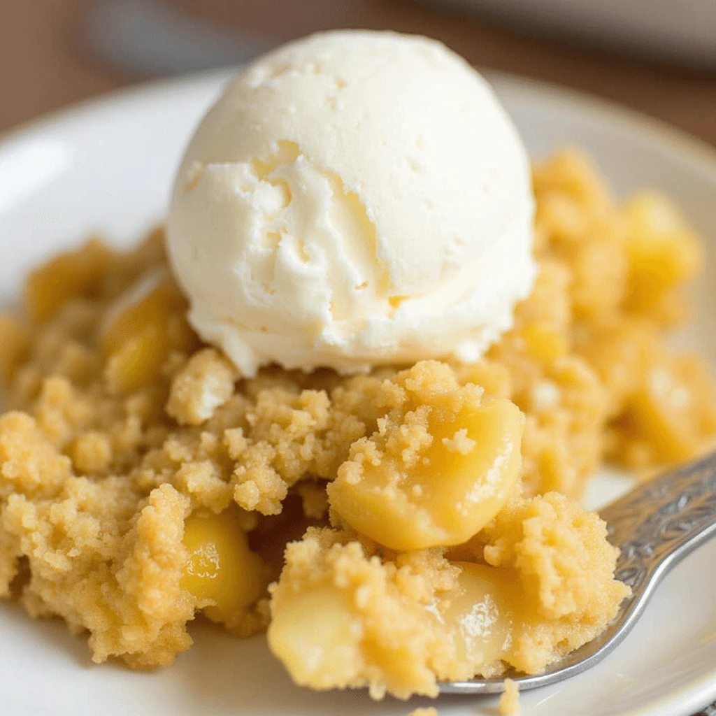 Homemade peach cobbler with cake mix, golden crust, and juicy peach filling.