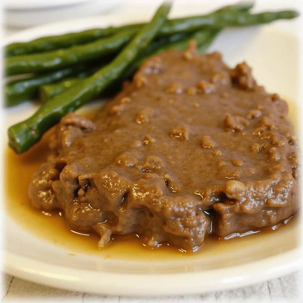 Salisbury steak with rich gravy served alongside mashed potatoes and vegetables.