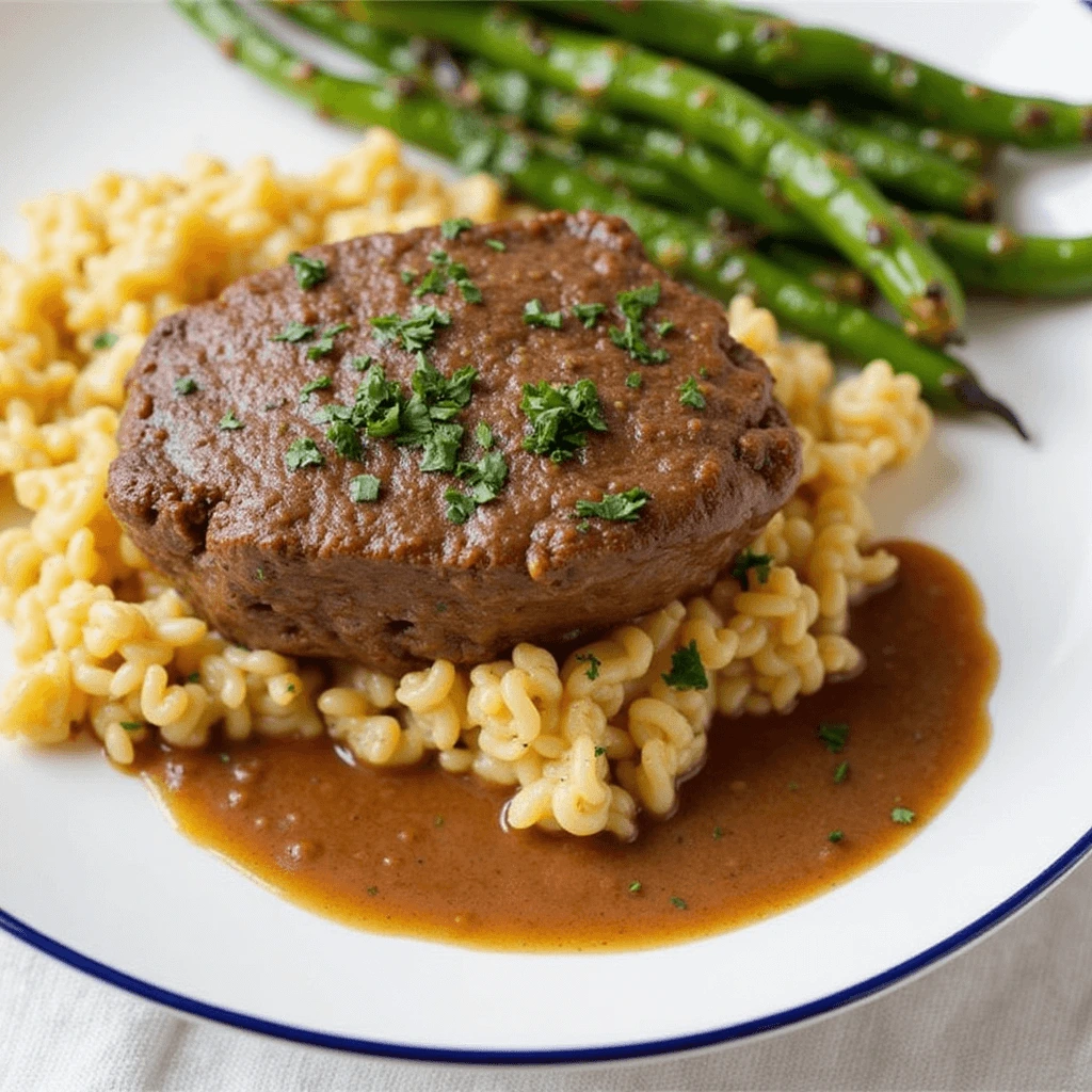 Salisbury steak served with mashed potatoes and rich brown gravy