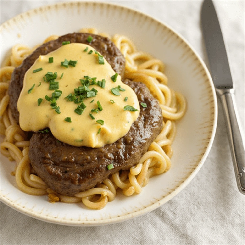 Delicious Salisbury steak served with mashed potatoes and rich gravy.