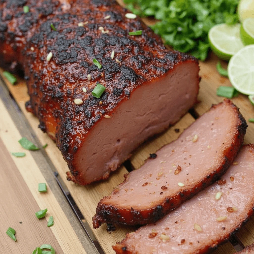 Smoked meats and grilled vegetables cooked on a Traeger grill"