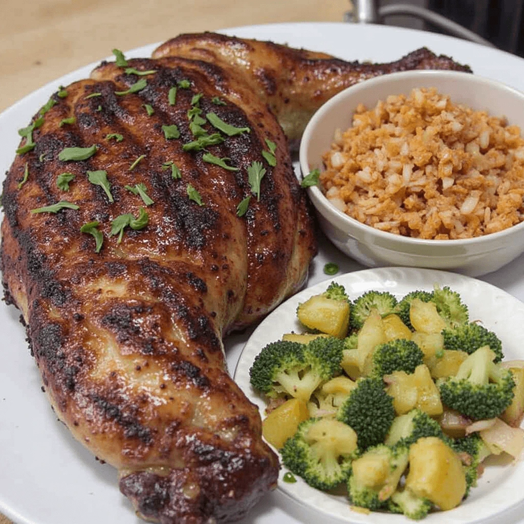 Delicious smoked meats and vegetables cooked on a Traeger grill.