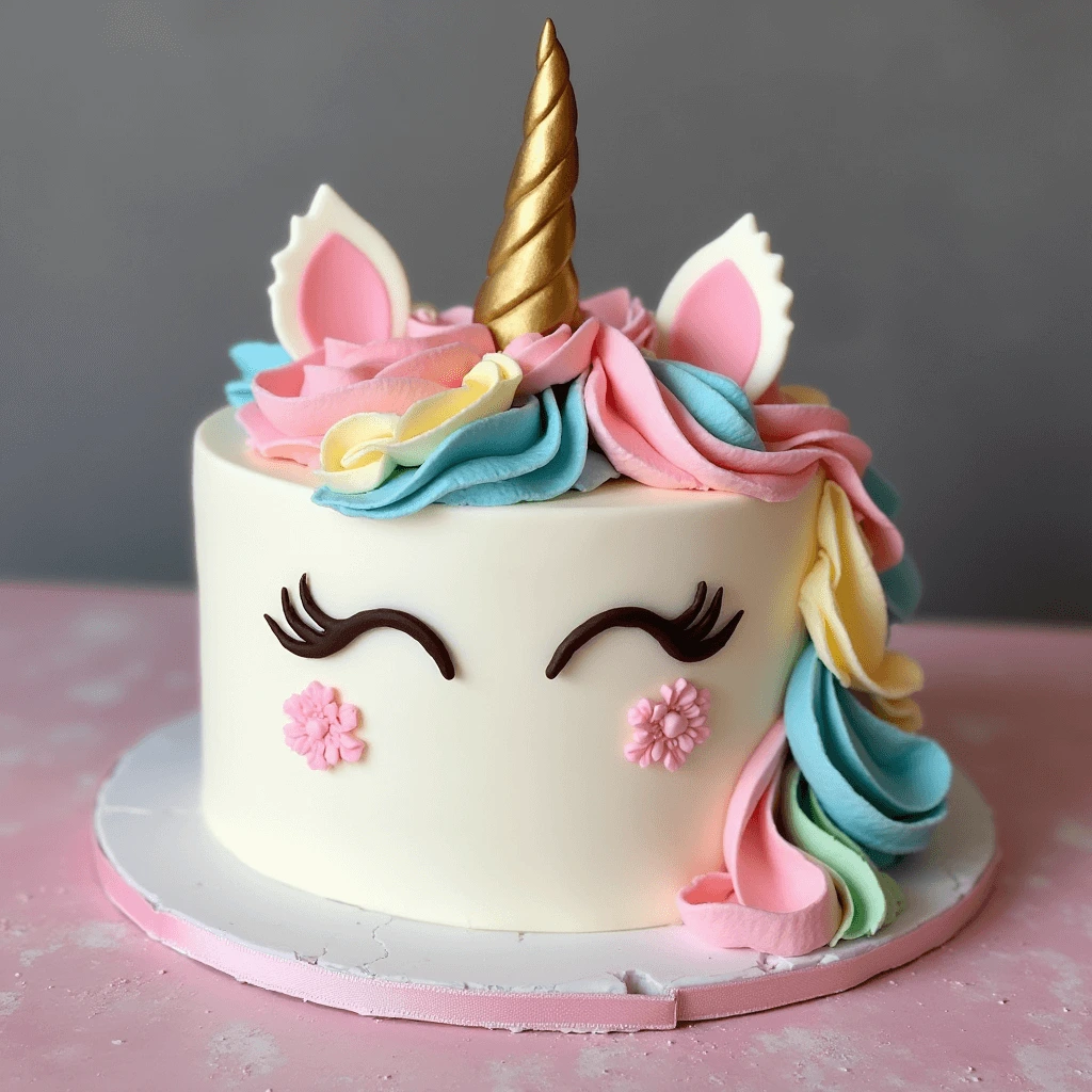 A whimsical unicorn cake with pastel colors, a golden horn, and buttercream decorations.