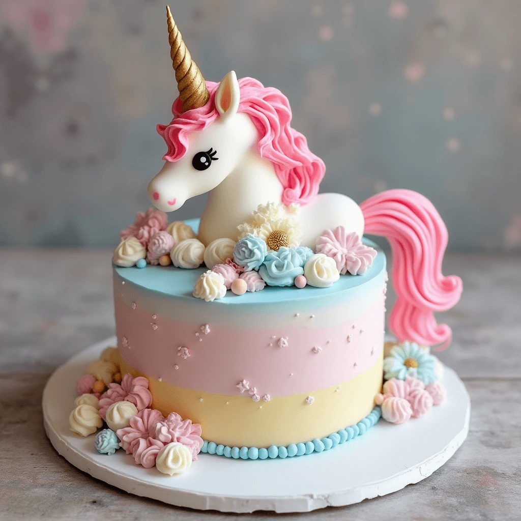 Colorful Unicorn Cake with Rainbow Layers and Golden Horn