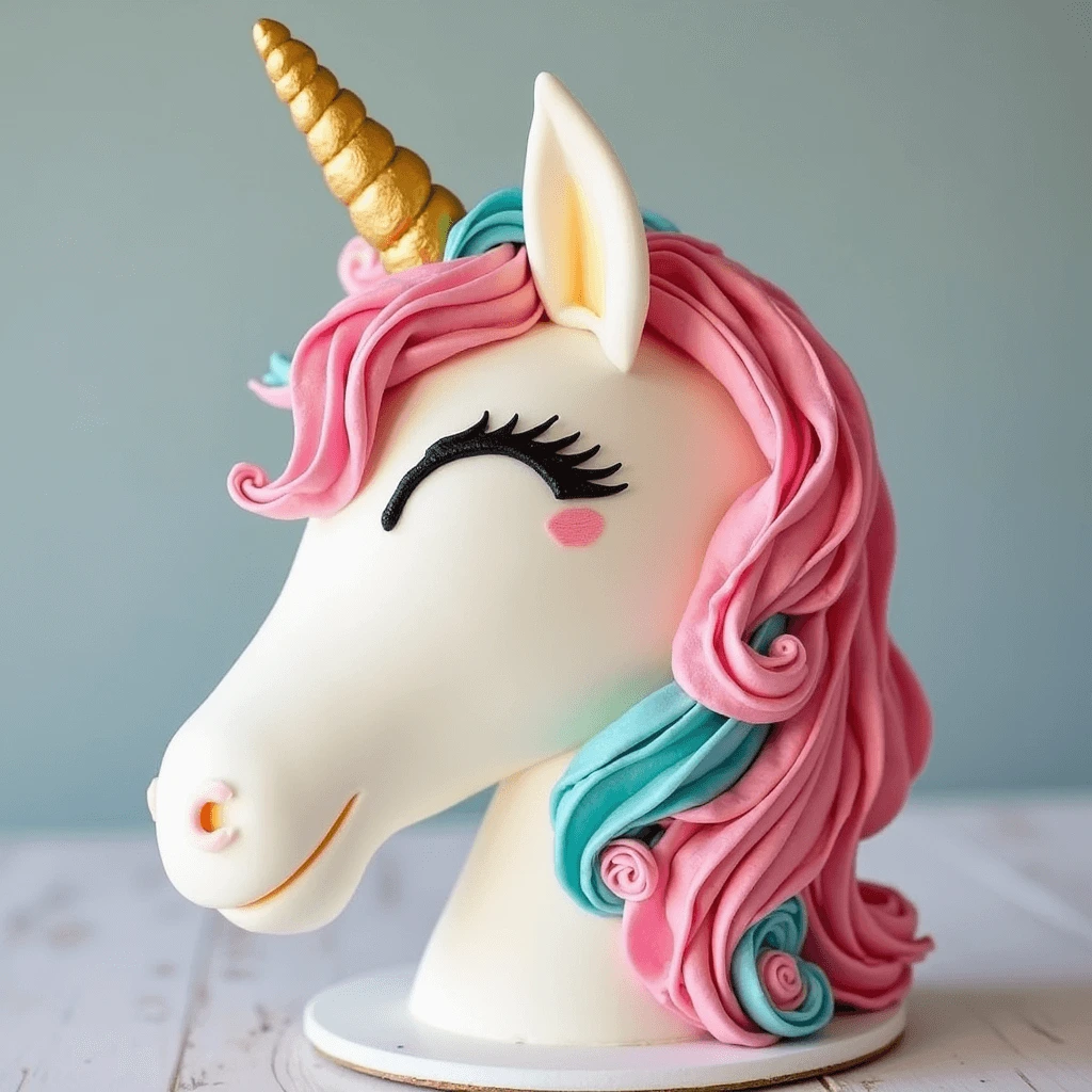 Colorful unicorn cake with a golden horn and rainbow layers