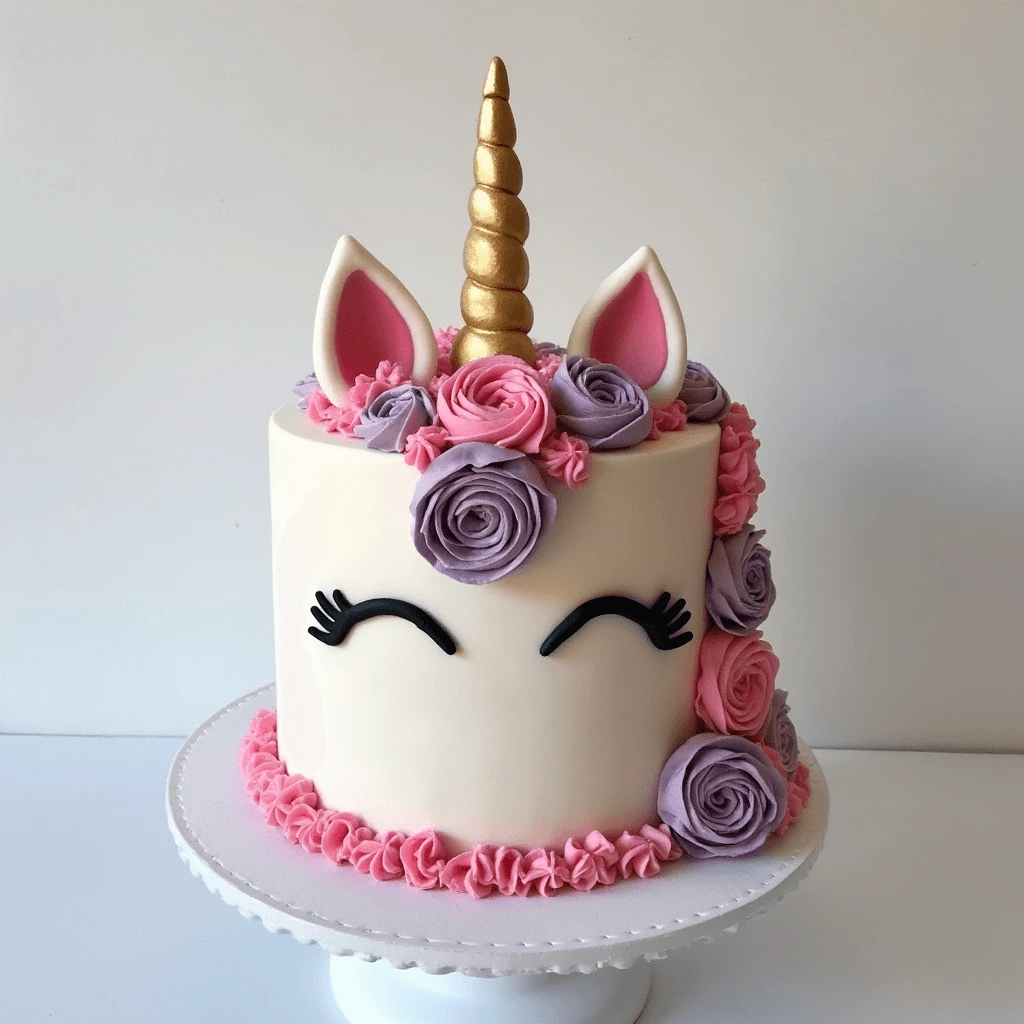 A whimsical unicorn cake with pastel-colored frosting and a golden horn topper.