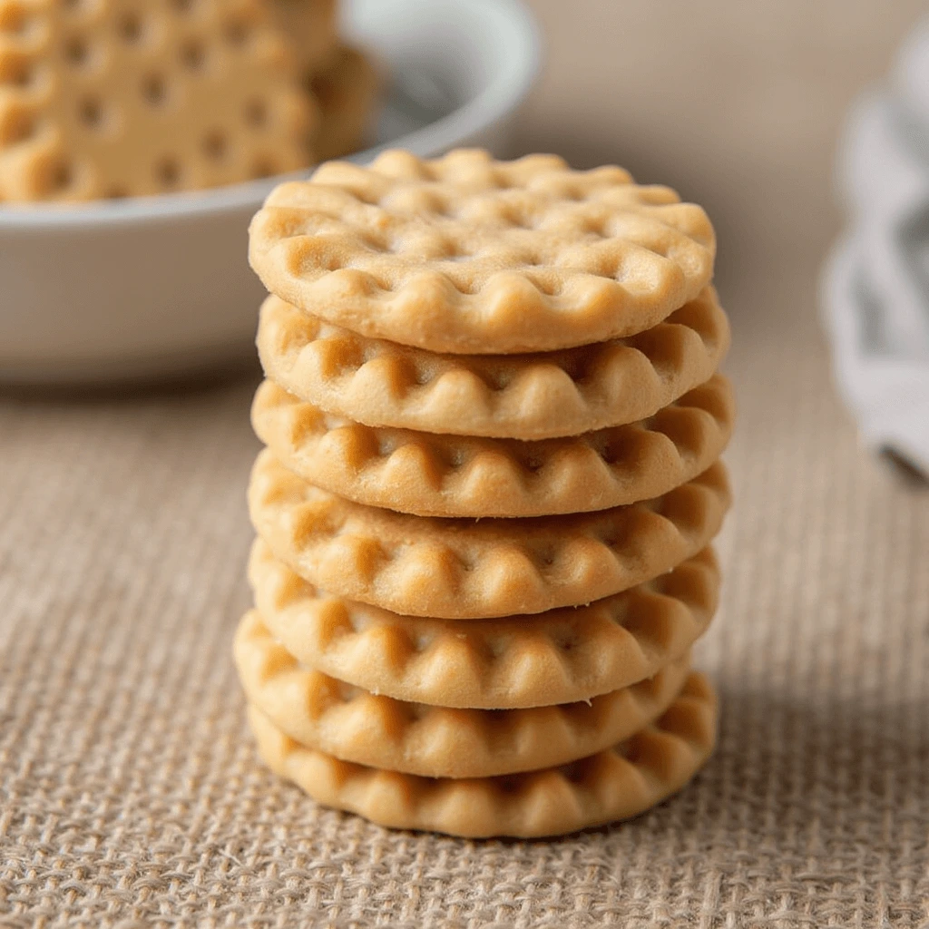 Close-up of crispy wafer cookies stacked with creamy filling between layers.