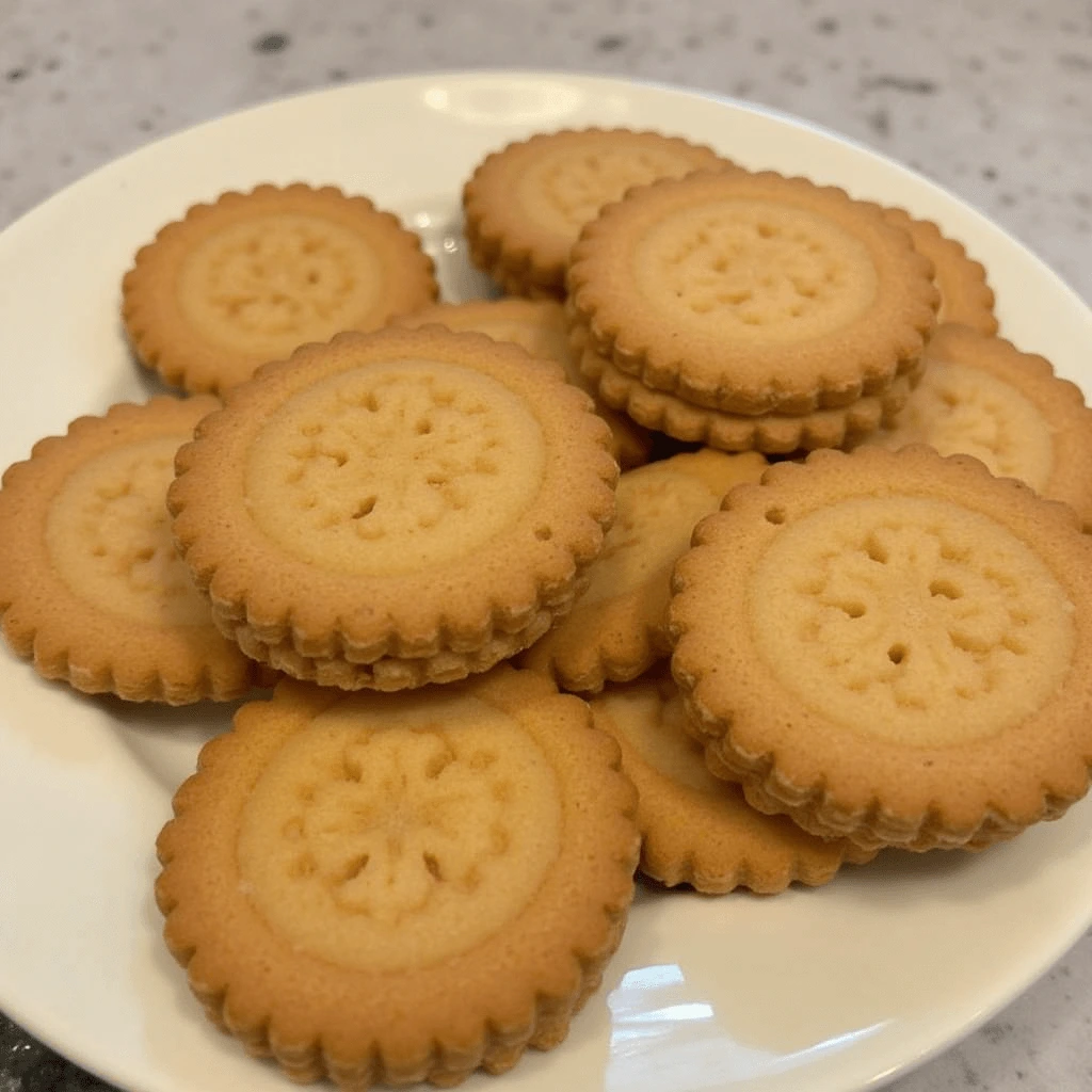 A close-up of crispy wafer cookies stacked in layers, showcasing their delicate texture and golden color.