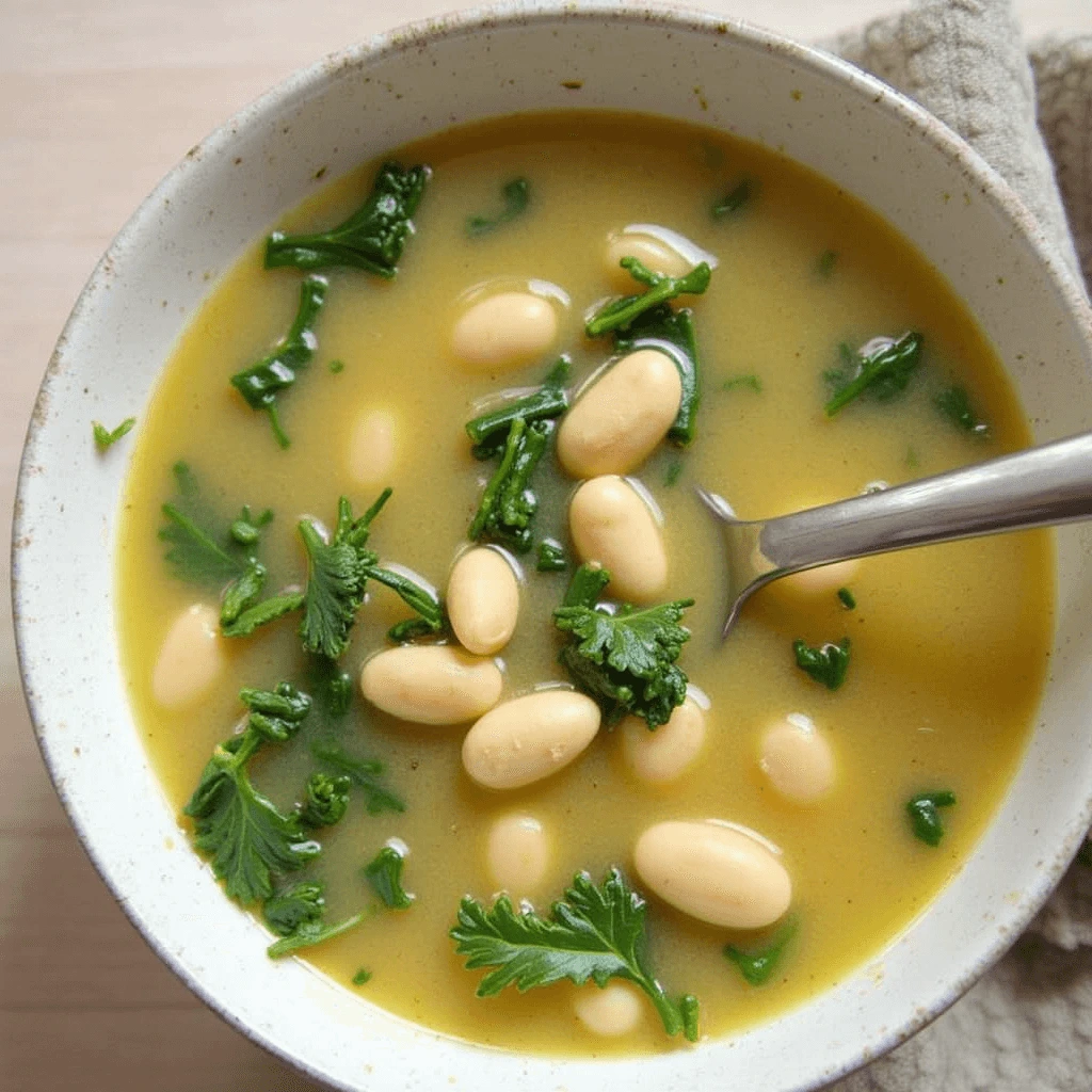 A steaming bowl of white bean and kale soup garnished with fresh parsley and served with a slice of rustic bread on a wooden table.