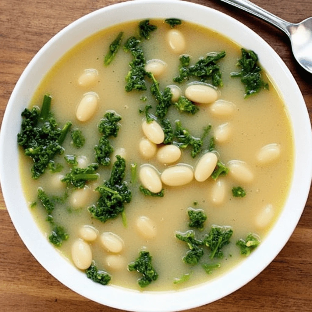 A bowl of white bean and kale soup garnished with fresh herbs and a slice of crusty bread.