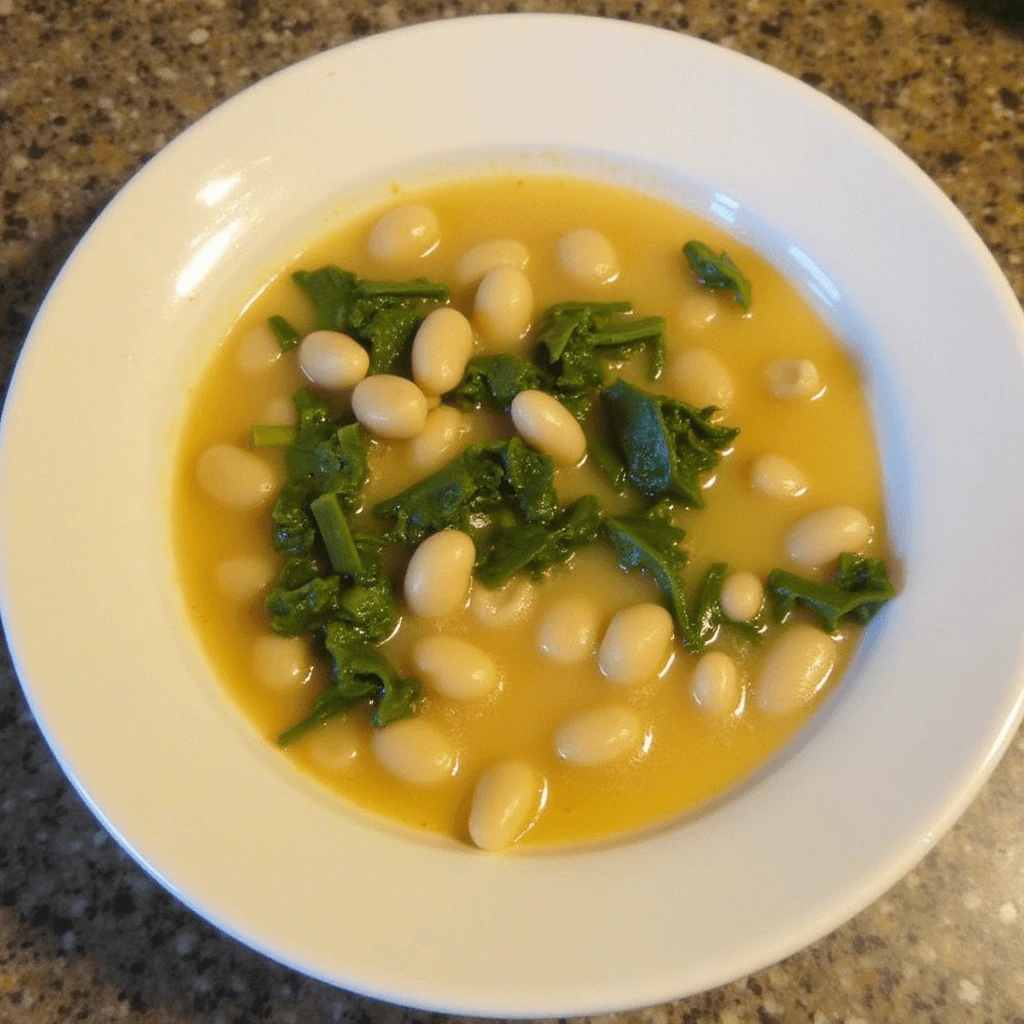 A warm bowl of white bean and kale soup garnished with fresh herbs, served with a slice of crusty bread.