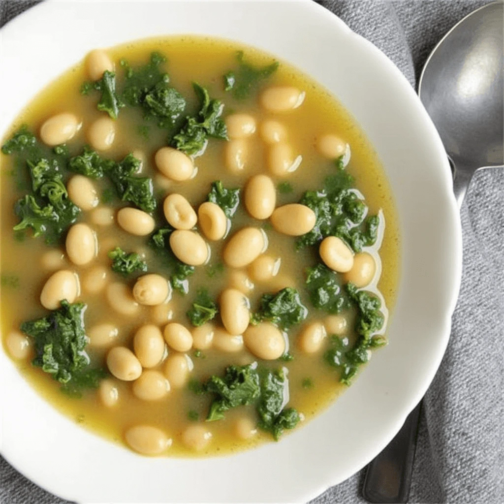 Bowl of Hearty White Bean and Kale Soup with Fresh Ingredients