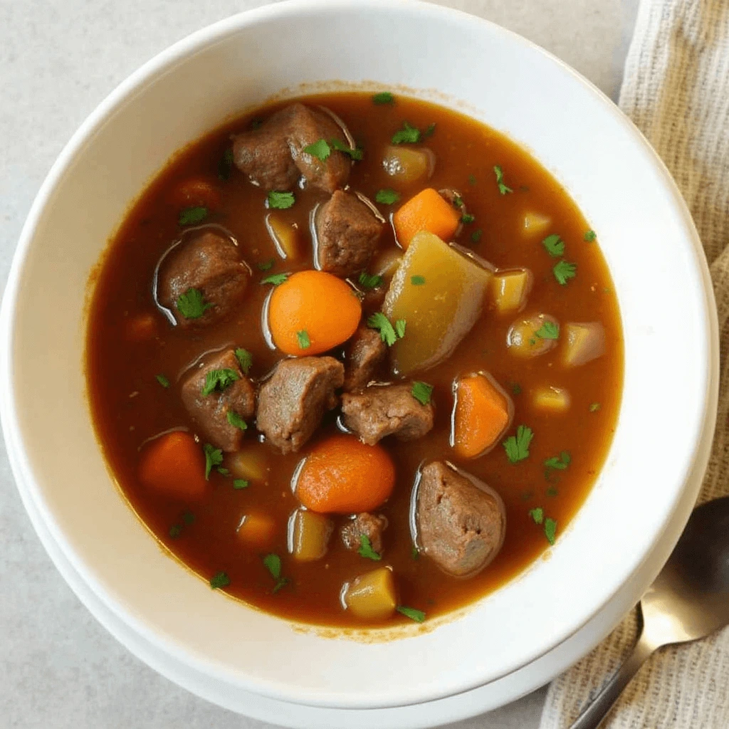 A bowl of hearty slow cooker beef stew with tender beef chunks, carrots, potatoes, and celery in a rich, savory broth, garnished with fresh parsley.