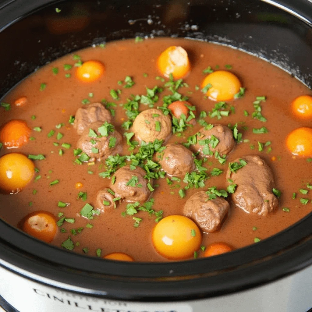 A hearty slow cooker beef stew with tender beef chunks, carrots, potatoes, and celery in a rich, savory broth, garnished with fresh parsley.