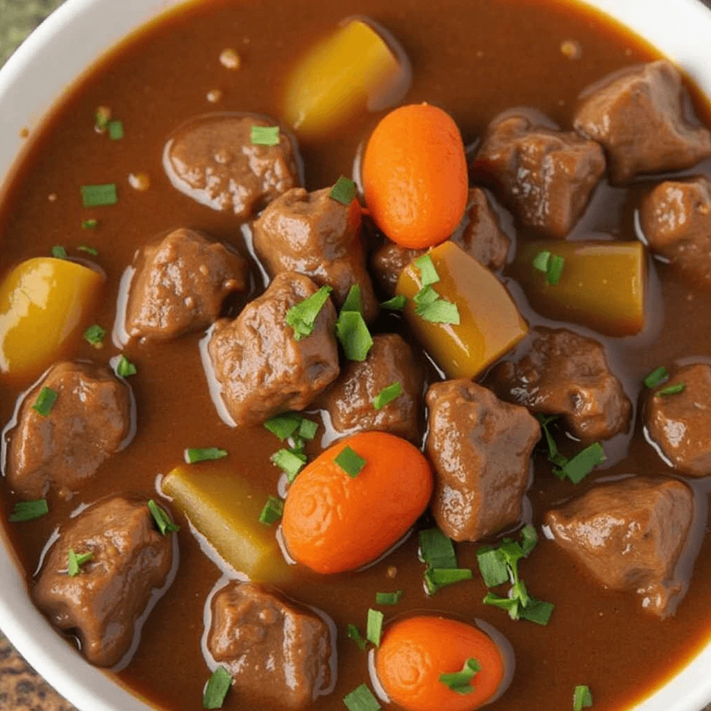 A hearty slow cooker beef stew with tender beef, carrots, potatoes, and celery in a rich broth, served in a bowl with fresh herbs on top.