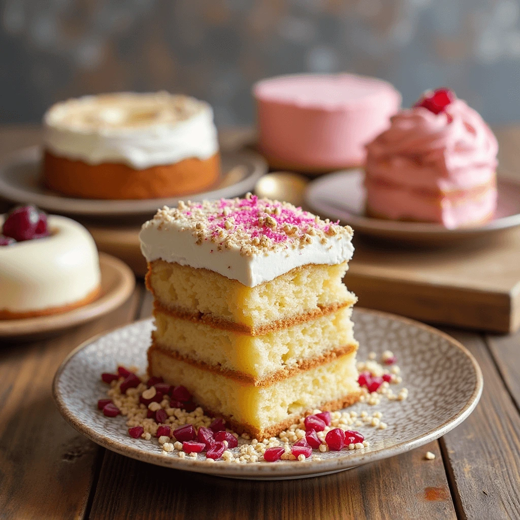 A selection of cakes with various flavors, including chocolate, vanilla, and fruit cakes.