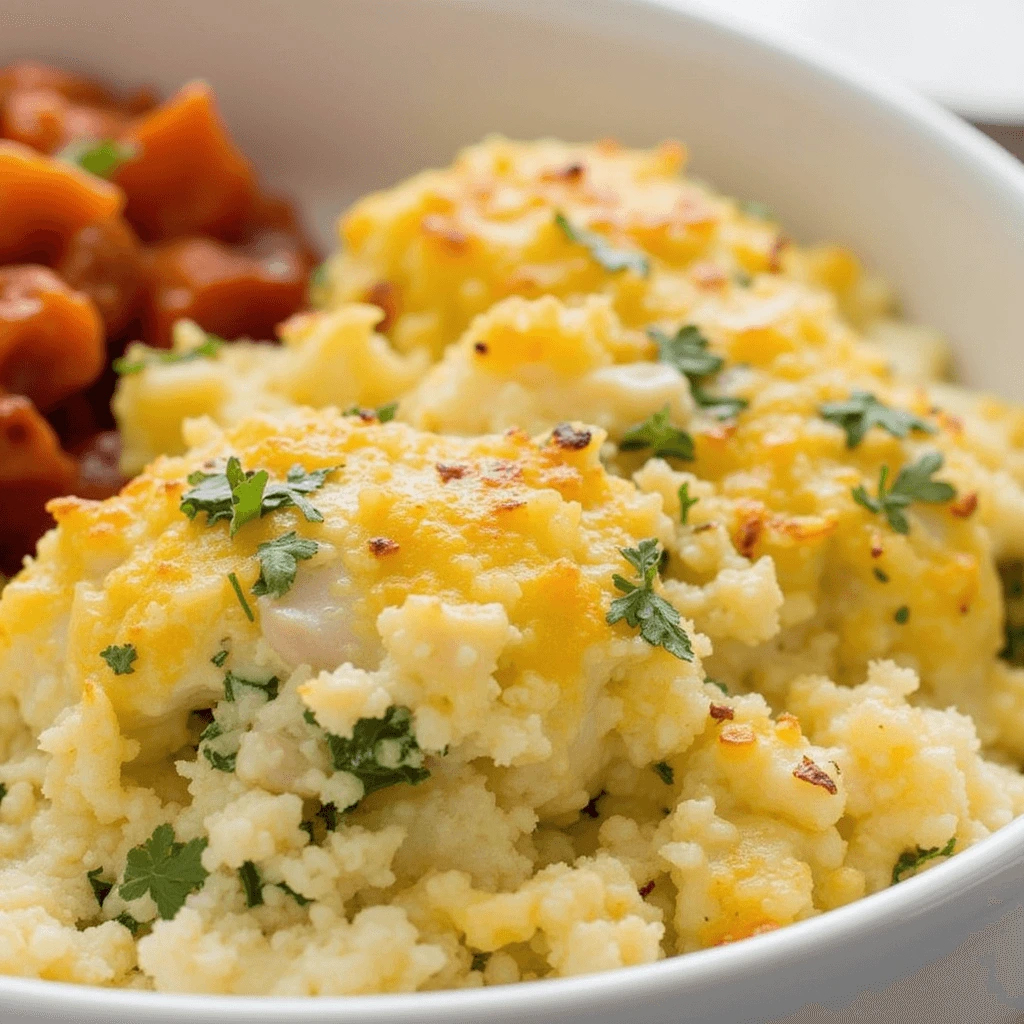 Delicious chicken casserole with creamy sauce, potatoes, and cheese baked to perfection.