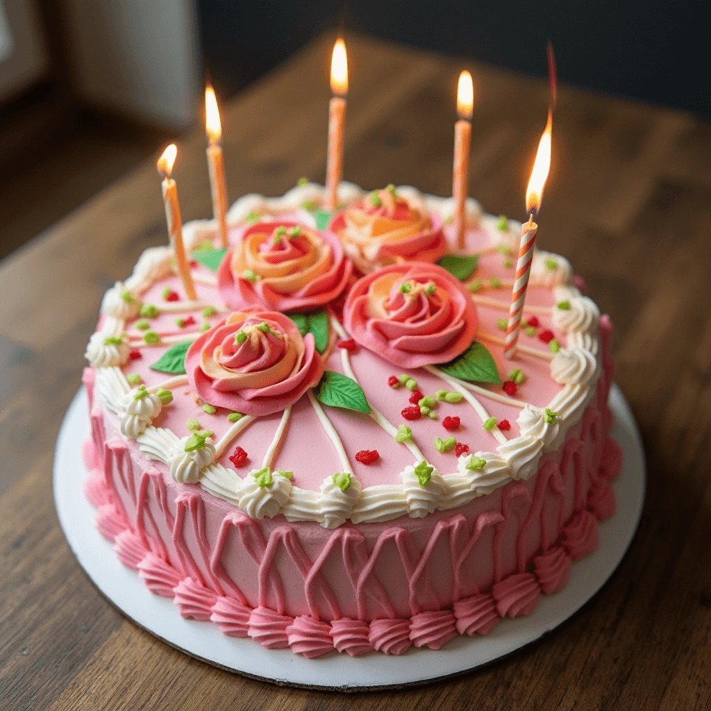 A beautifully decorated birthday cake with pastel colors, adorned with floral details, and the message "Happy Birthday, Elizabeth" written on top, celebrating a special single mom's day.