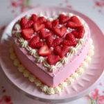 A beautifully decorated heart shaped cake with red frosting, topped with fresh strawberries and chocolate drizzle, placed on a white cake stand.