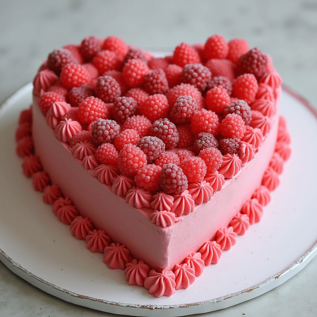 A beautifully decorated heart shaped cake with smooth red frosting, topped with fresh strawberries and a chocolate drizzle, placed on a festive table.