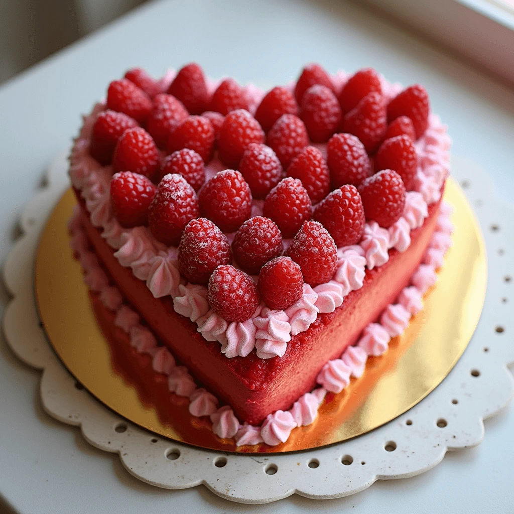 Heart-shaped cake decorated with fresh berries and frosting.