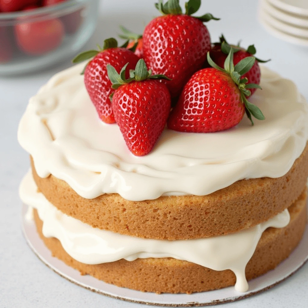 Delicious strawberry cake topped with fresh berries and whipped cream.