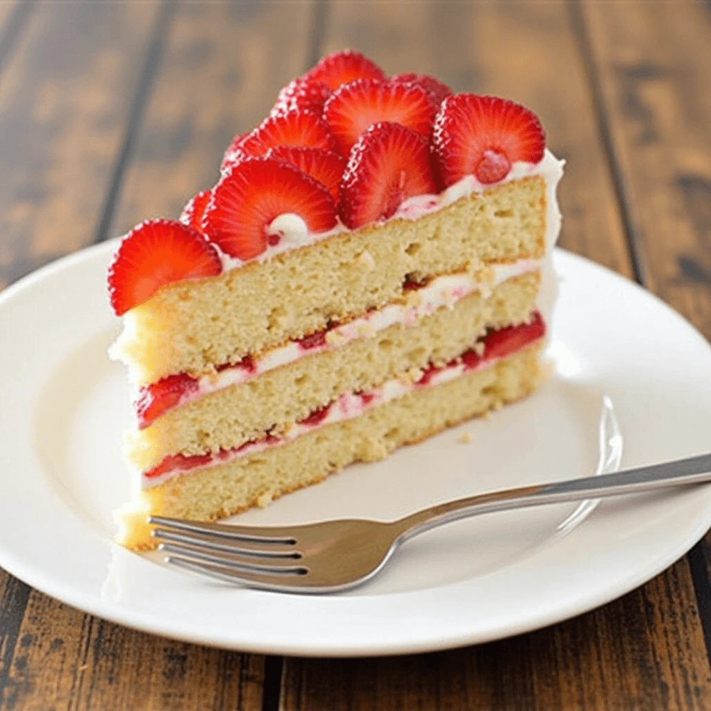 A homemade strawberry cake topped with fresh strawberries and creamy frosting, served on a white plate.