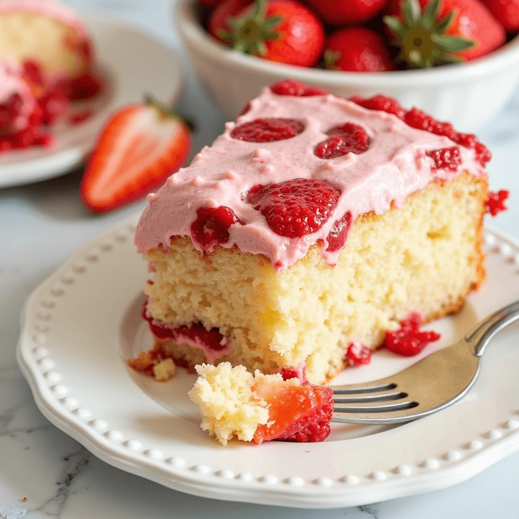 A freshly baked strawberry cake with pink frosting, garnished with fresh strawberries on top, served on a white plate.