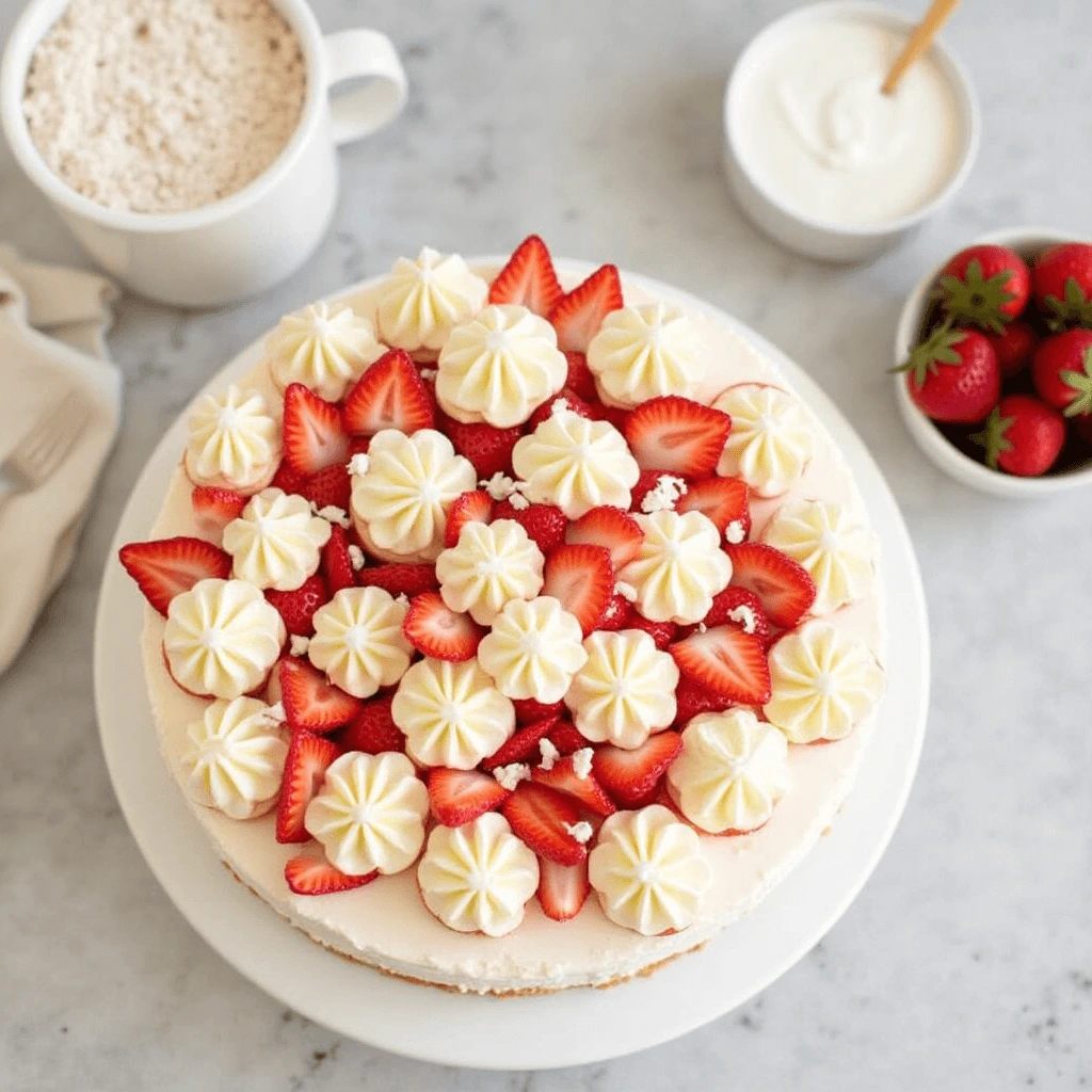 A freshly baked strawberry cake with a soft, fluffy texture, topped with fresh strawberries and a creamy frosting.