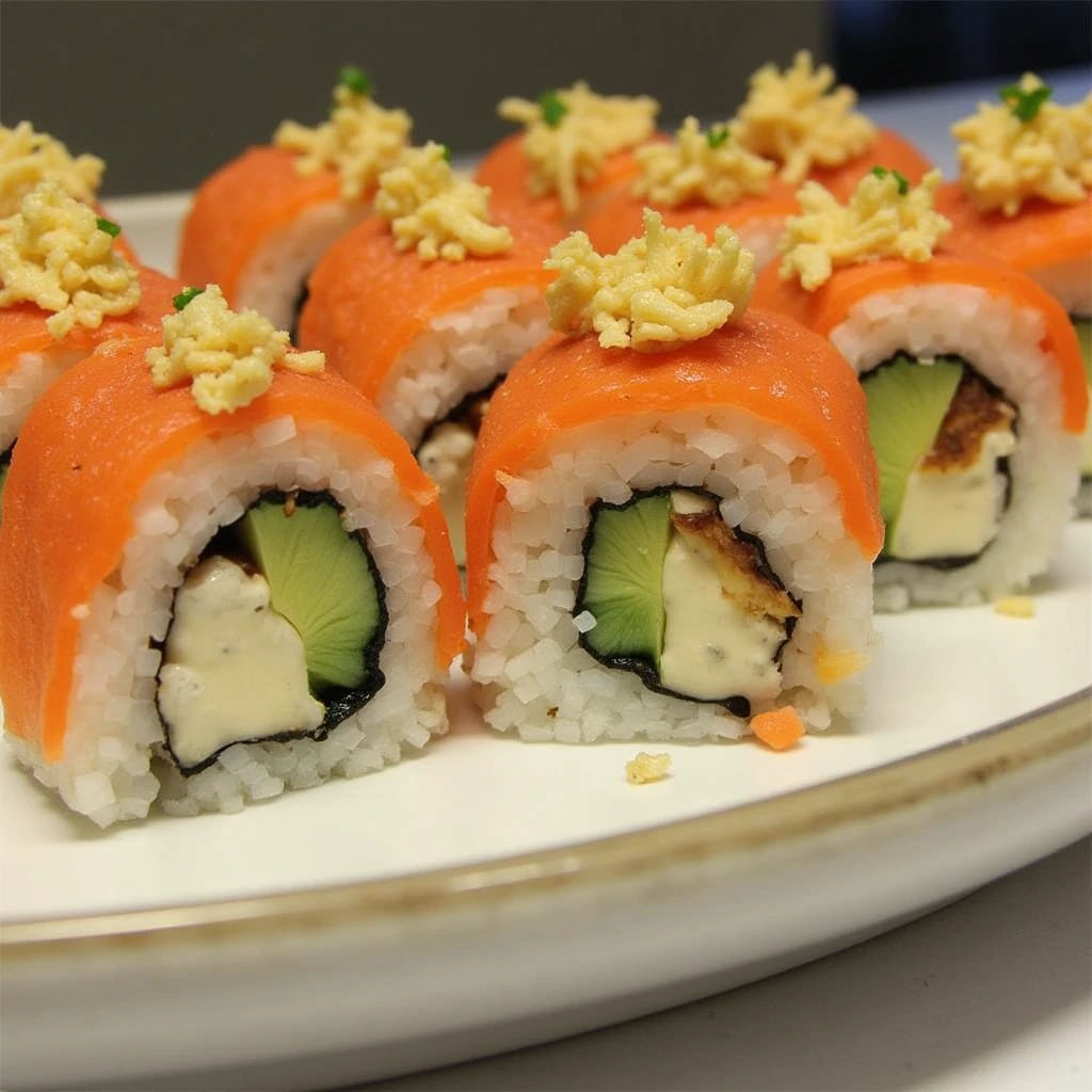 Oven-baked sushi casserole with creamy topping and crispy panko crust