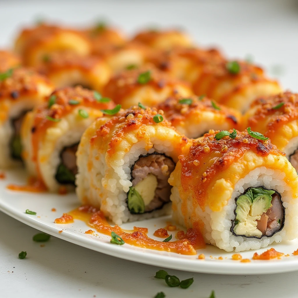 Delicious homemade sushi bake with creamy topping and crispy edges