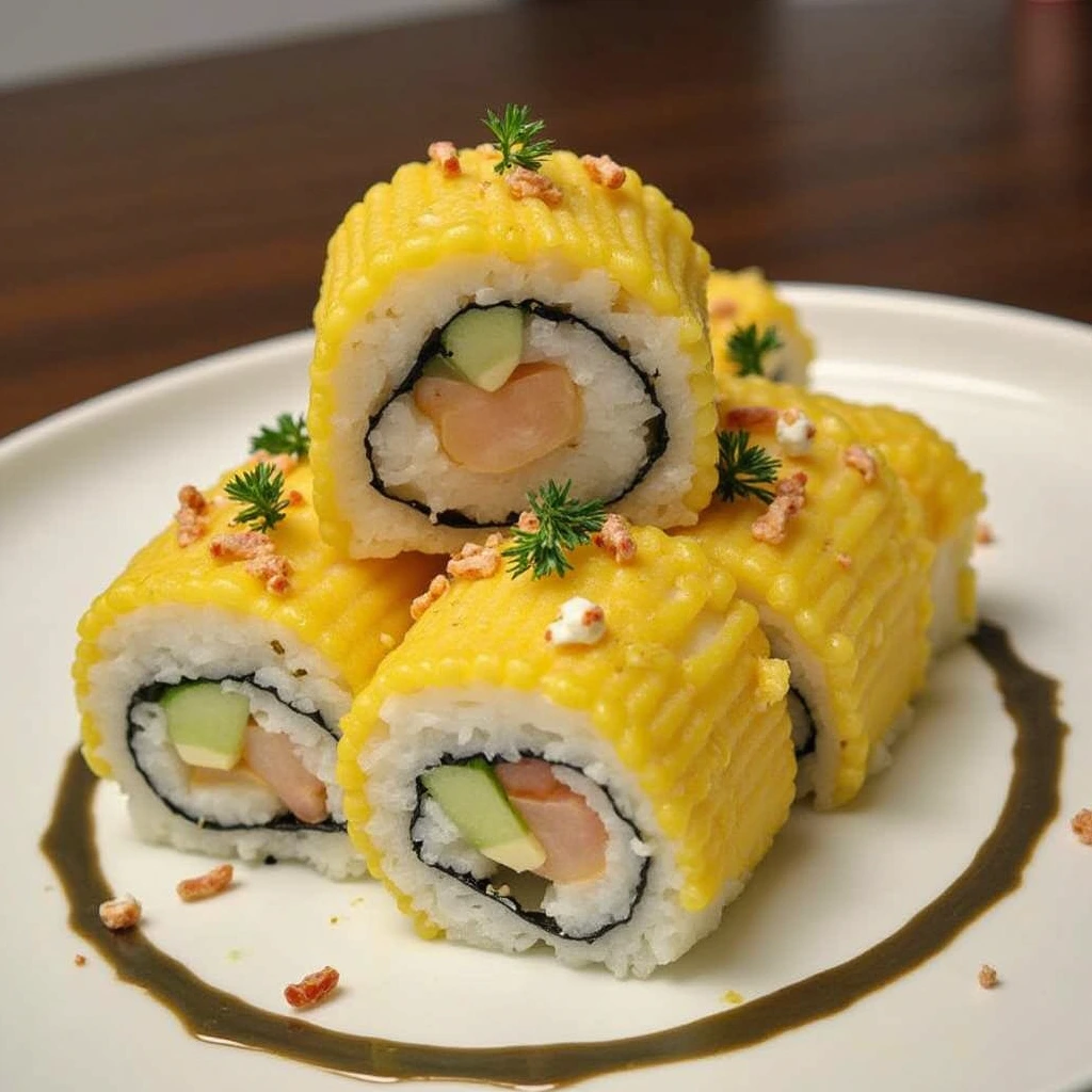 A freshly baked sushi bake in a casserole dish, topped with golden-brown spicy mayo, furikake, and chopped green onions.