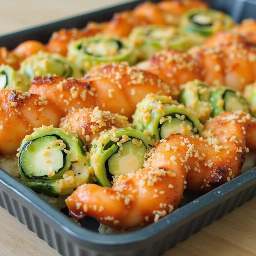 A freshly baked sushi bake in a white casserole dish, topped with golden panko breadcrumbs, vibrant orange fish roe, and a drizzle of spicy mayo.